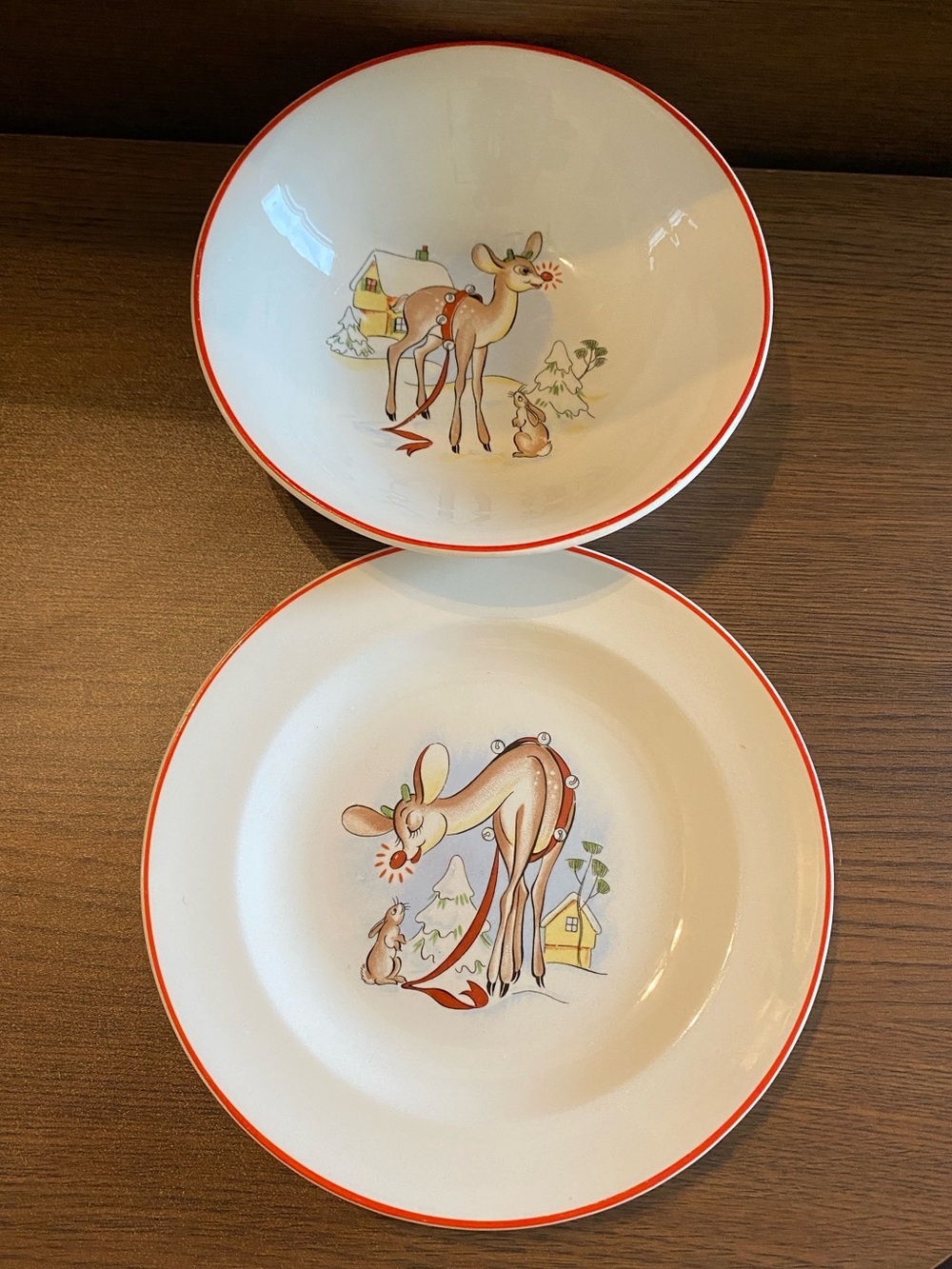 Rare Vintage Pottery Rudolph the Red-Nosed Reindeer Childs Plate & Bowl